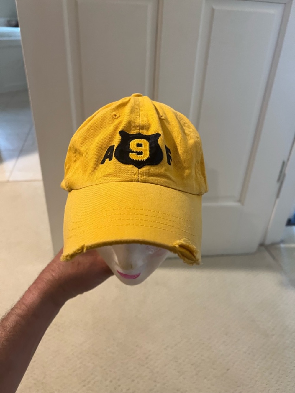 Abercrombie and Fitch Yellow Baseball Cap with Black Embroidered Shield and '9'